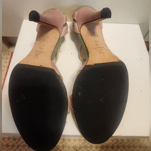 Cole Haan Collection Pale Pink/Seafoam Leather T-Strap Peeptoe Pumps Sz.9 $295 - Picture 10 of 11